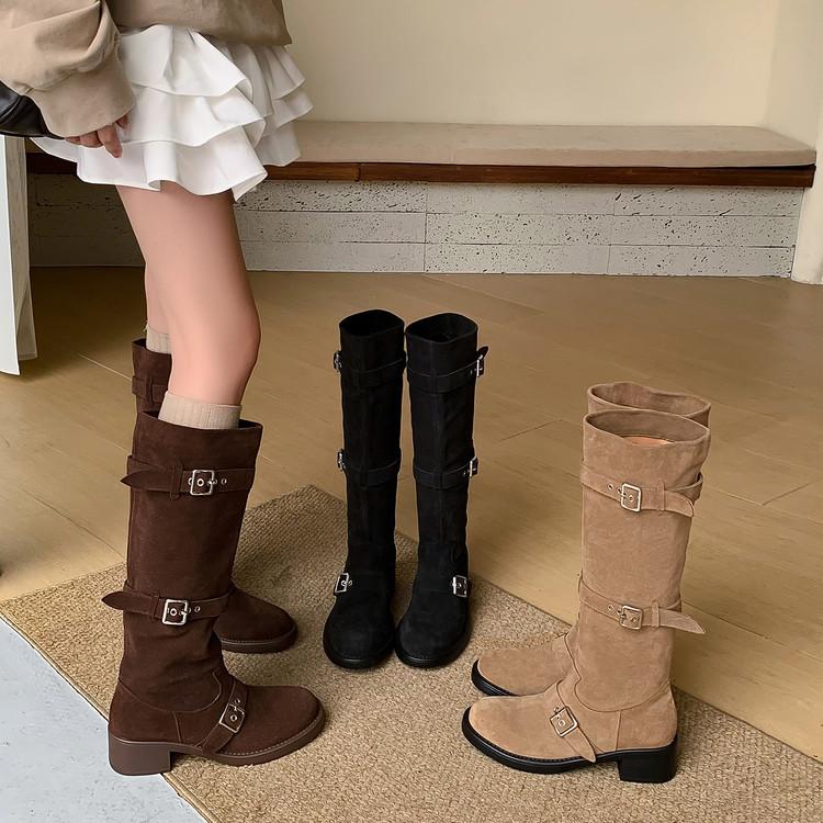 2025 autumn and winter temperament thin ins leather buckle belt pleated knight boots genuine leather but knee boots children