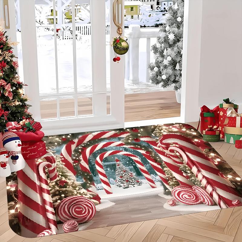 Candy Cane Christmas Welcome Doormat, Indoor Outdoor Flannel Non-Slip Mat for Kitchen Office Laundry Bathroom Holiday Decor