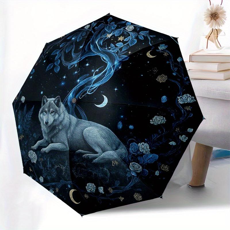 Verzauberter Nachtwolf Wandkunst: Mystischer Mondlicht-Wald-Dekor-Regenschirm, Tragbarer 3-Fach Kompakter Regenschirm für Männer & Frauen Geschenk