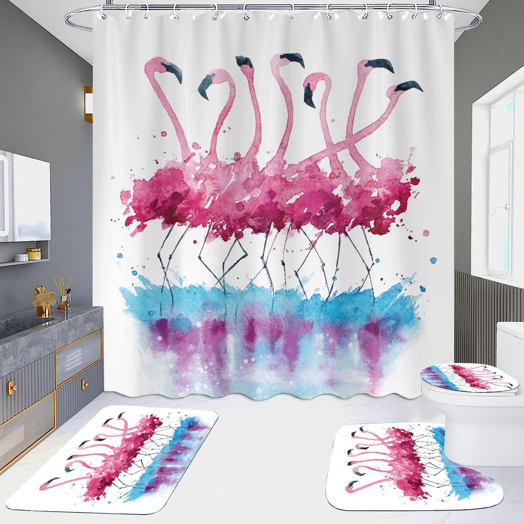Pink Flamingo Printing Shower Curtain Set For Bathroom Non Slip Lovebird Bath Mat And Curtain Set Bath Rug Toilet Carpet