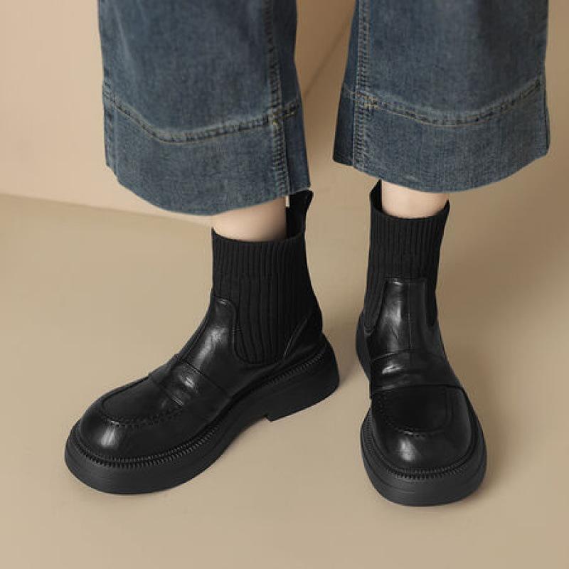 Autumn and Winter Platform Martin Boots Women's Rubber Sole Leather Boots Women's Comfortable Medium Heel Large Size Women's Boots Korean Versio