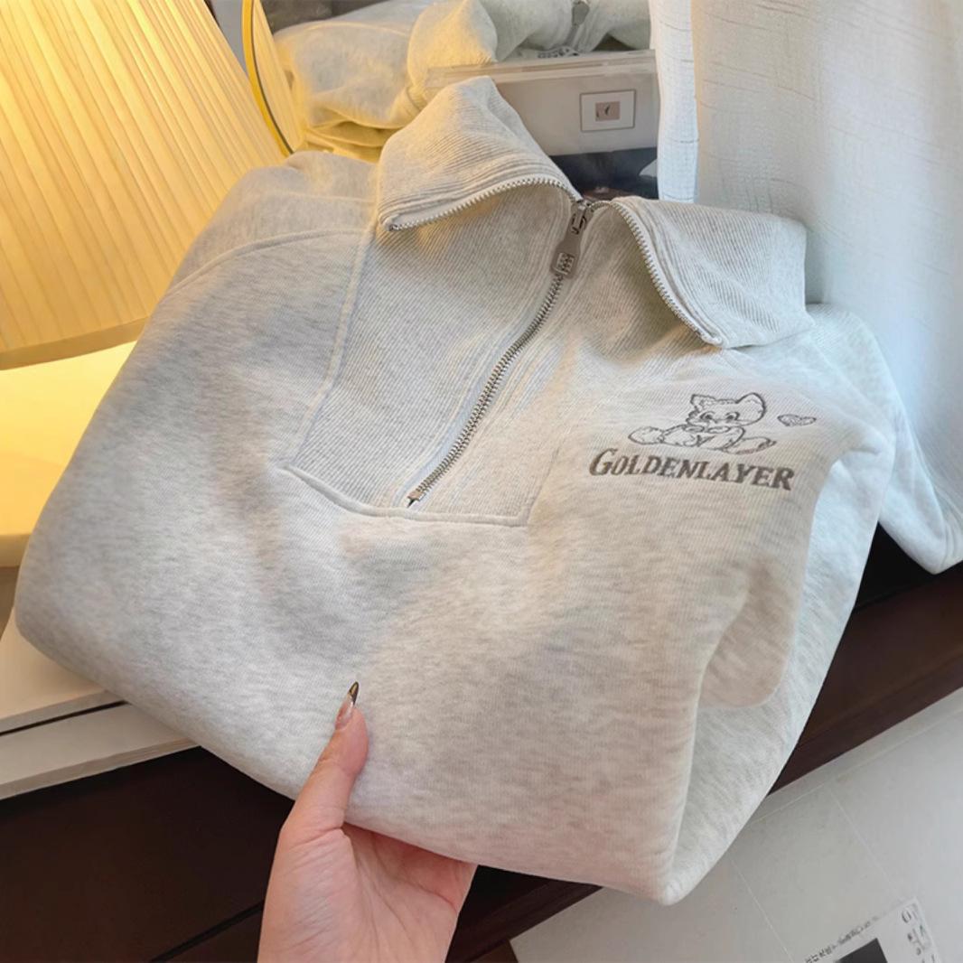 

Women s Retro Turn-Down Collar Zipper Hoodie - Spring/Autumn Loose Lazy Style Pullover Top L (100-120jin) білий/сірий