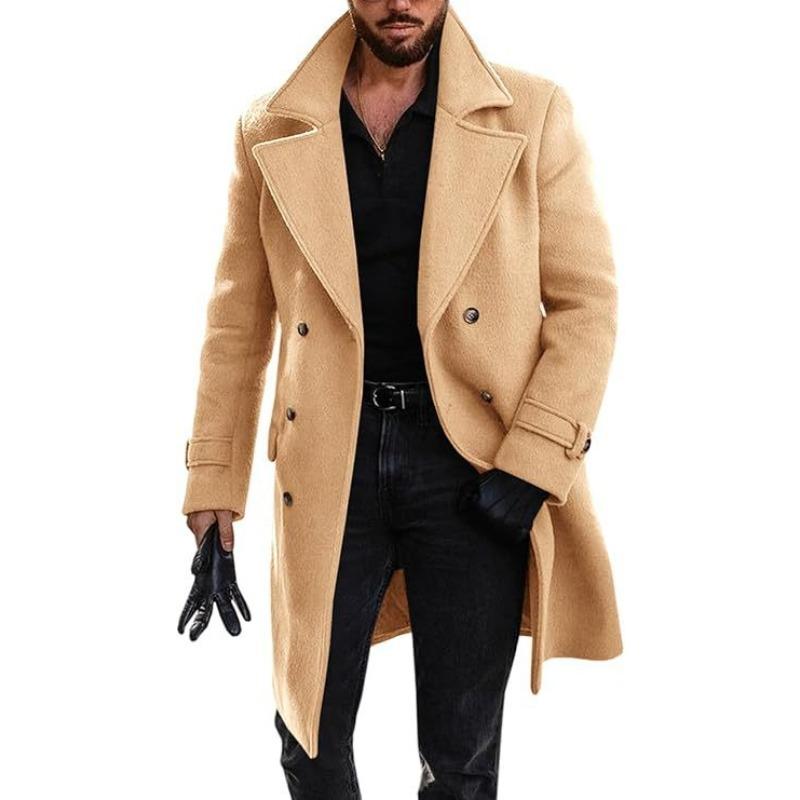 

Autumn and winter woolen coat men s double-breasted thickened woolen trench coat wish material M хаки