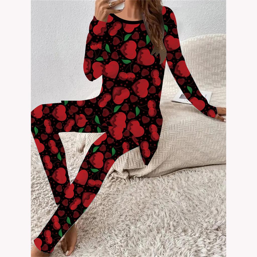 Moda Euroamerykańska Wzór 3D Love Nadruk Damski Czterosezonowy T-shirt z Długim Rękawem + Długie Spodnie Zestaw Dwuczęściowy. Idealny prezent na Walentynki