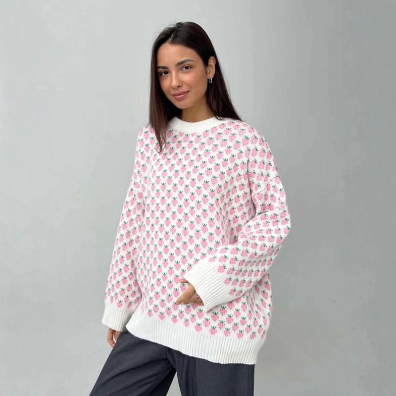 Erdbeer Jacquard Pullover Damen Rundhals Langarm Pullover Locker Gestricktes Oberteil Herbst Winter