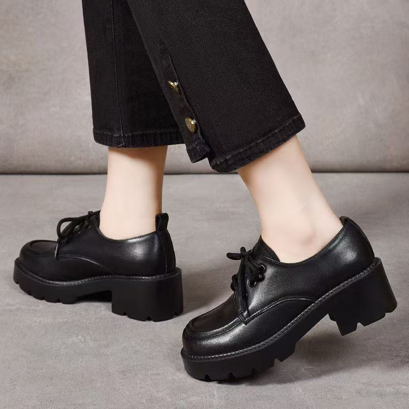 British Style Platform Lace-up Small Leather Shoes Women's Autumn New Fashion Heightening Single Shoes Non-slip and Wear-resistant Versatile Low-top S