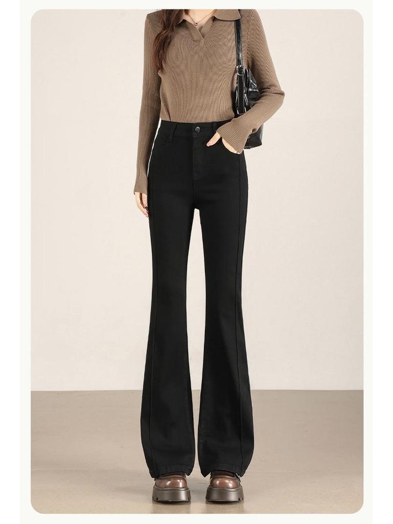 Women's High Waist Patchwork Micro Flare Jeans - 2026 Spring/Summer, Black, Elastic, Slimming Style