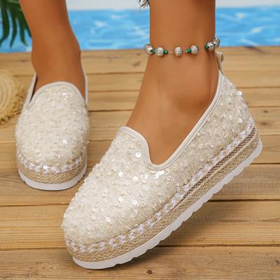 Off-white Flitrové Espadrilky Dámské Boty Ploché Stylová Trendy Obuv Módní Ženy Mokasíny Ležérní Nazouvací Pletené z Trávy