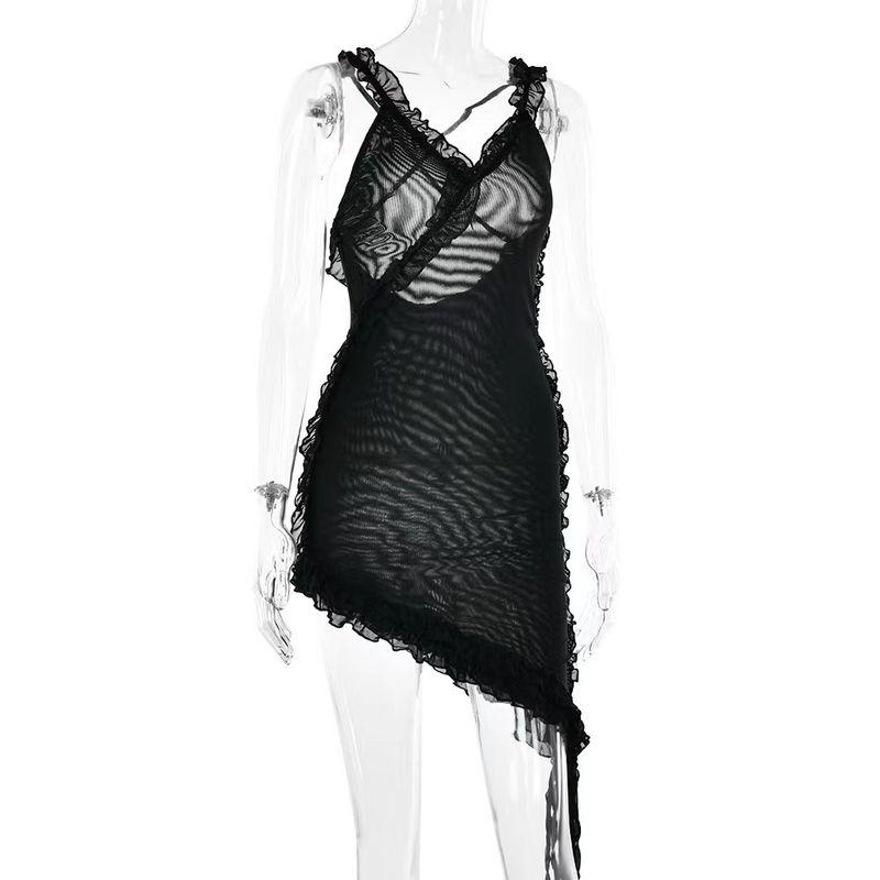 

Western Style Summer New Sling V-neck Sexy Backless Patchwork Dress Sexy Suspender Dress Black L