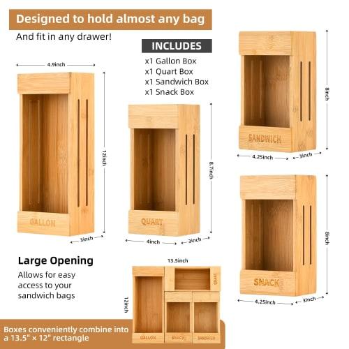 Ziploc Bag Storage Organizer, 4-Piece Sandwich Bag Organizer, Premium Bamboo Plastic Bag Organizer for Drawers, Perfect for Gallons, Quarts, Sandwiche