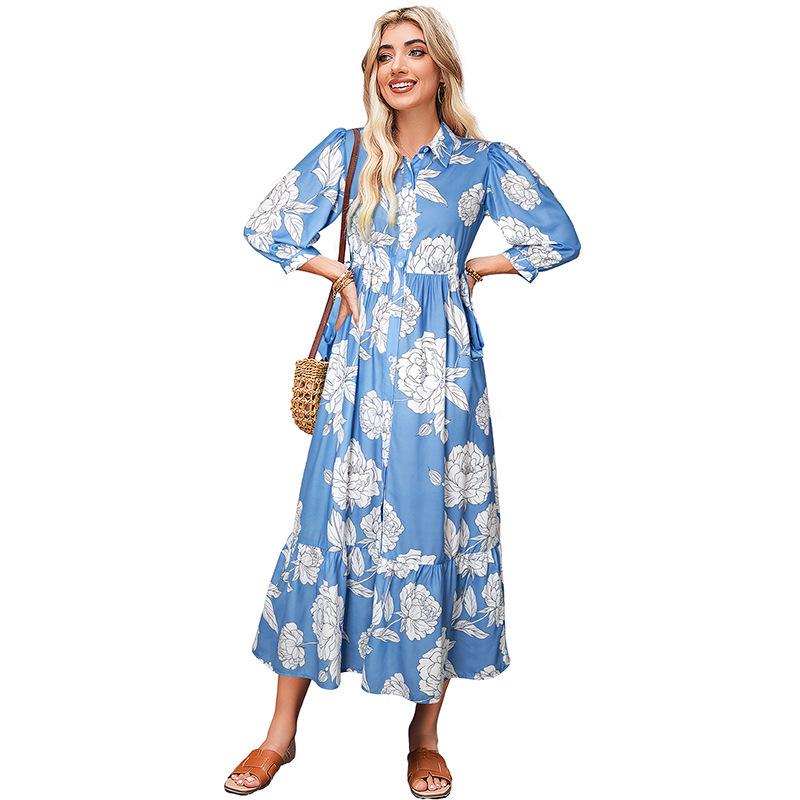 

2026 Winter Women s High-Waisted Cropped European Sweet Style Floral Color Block Long Dress M