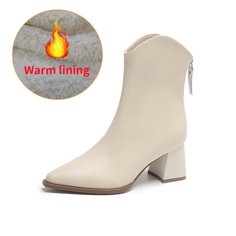 Зимние женские короткие сапоги плюшевые с острым носком на высоком каблуке белые женские — фото 10