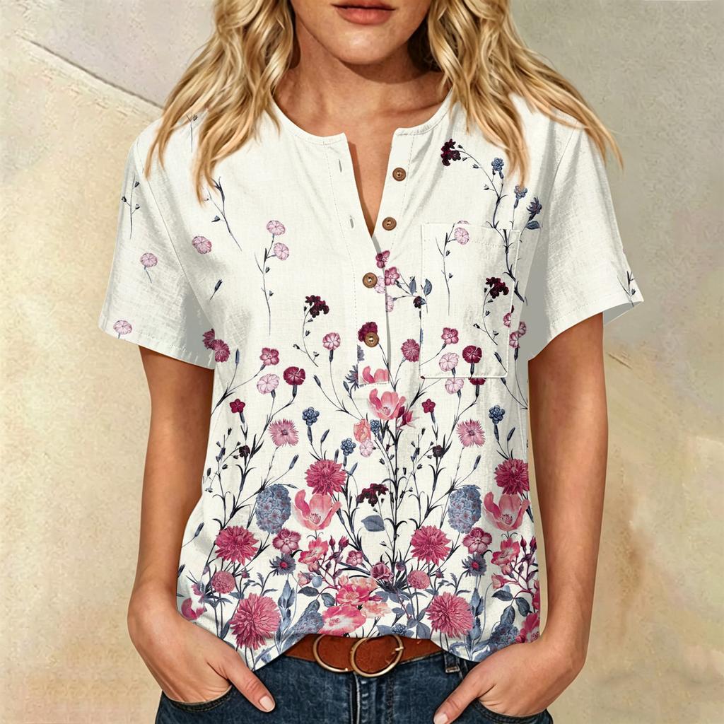 Women’s Casual Printed Henley Button Neck Short Sleeve Cotton Linen Shirt with Chest Pocket and Relaxed Fit for Everyday Wear