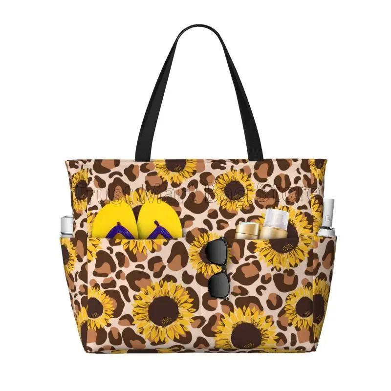 

Sunflowers Leopard Print Large Waterproof Beach Bag Women Portable Travel Bag Sandproof Pool Tote Bags for Travel Vacation Swim