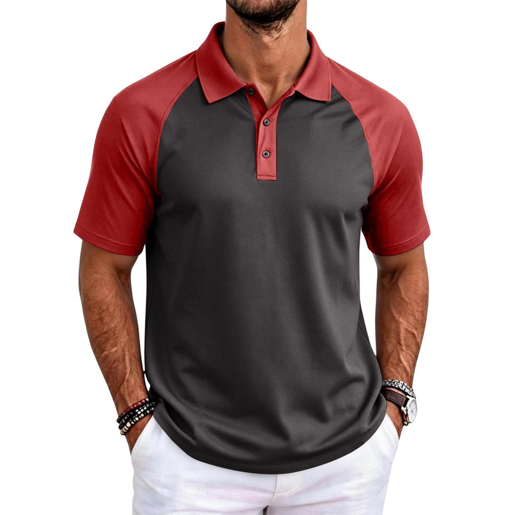 Men's Color Block Raglan Short Sleeve Shirt with Collar for Casual Daily Wear