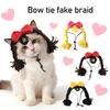 Yarn Wig Cat Hat Double Braids Pet Wig with Cute Bow Bendable Cat Wig with Adjustable Elastic Rope for Cats And Small Dogs Photo Prop Party Costume
