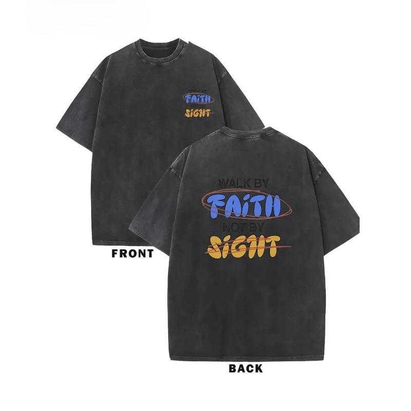 

European sizes Men s Retro Washed T-Shirt - Walk by Faith Graphic Print, Double-Sided Casual Summer Tee, Street Style, Perfect Holiday Gift S