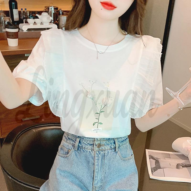 

Elegant 3D Print French Chiffon Puff Sleeve Short T-Shirt - White XL
