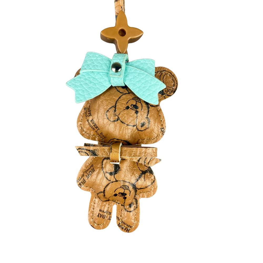 Handmade Leather Bear Bag Charm/Keychain-Detachable Leather Bow/Four-Leaf Clover Bead-PU Leather-Cute Animal Carrying Accessory