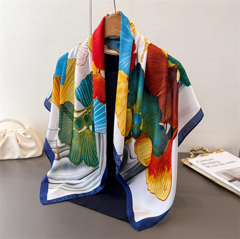 

Красочный платок из искусственного шелка сатина с принтом гинкго, большой квадратный шарф, шелковый шарф, шаль, головной платок, шарф для защиты шеи, декоративный женский шарф 90*90cm