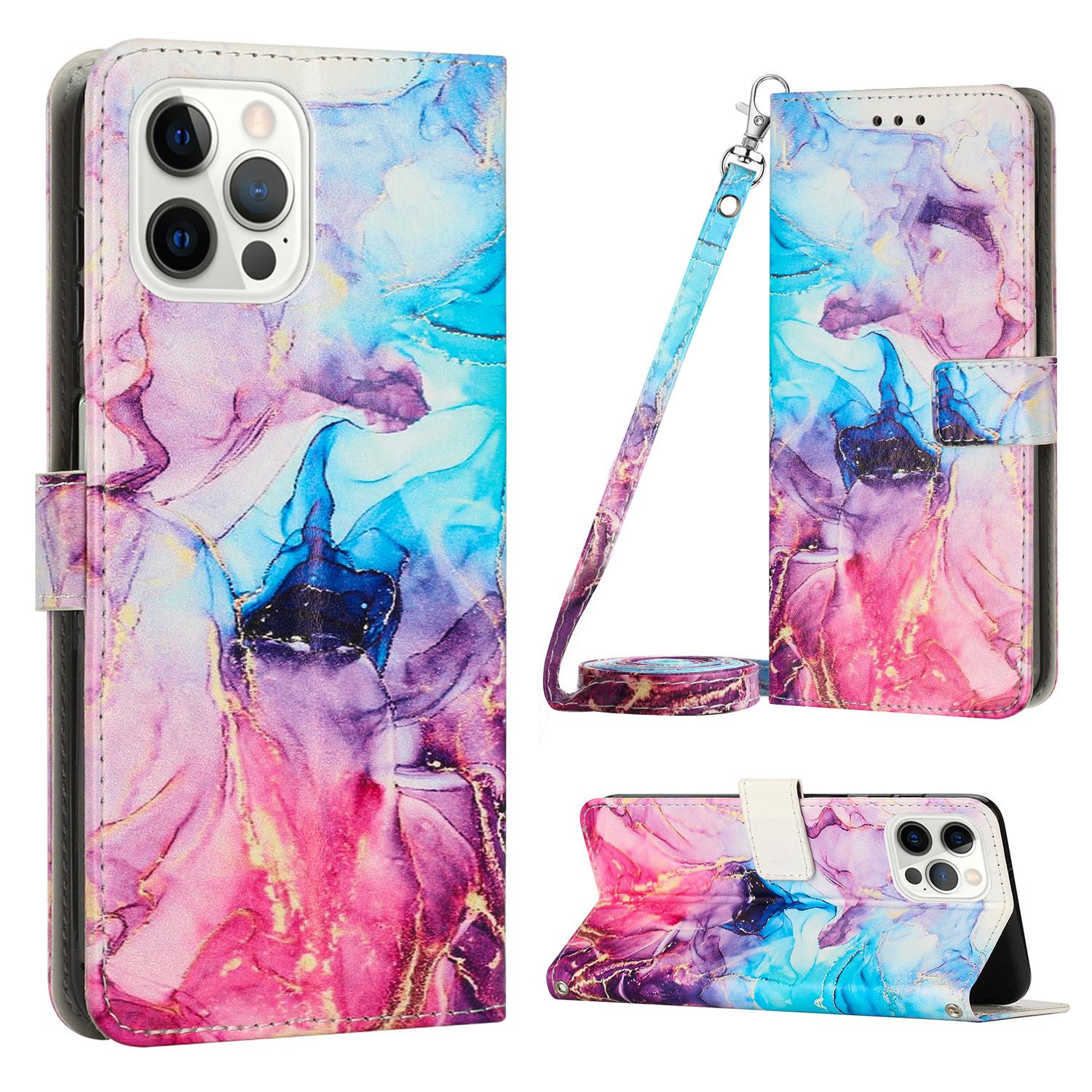 

Marble Pattern Leather Case for iPhone 15 Pro Max,Wallet Stand Phone Cover with Shoulder Strap Pink/Purple