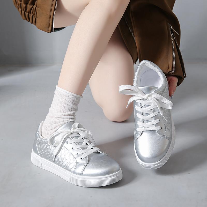Fashion Plus Size 42 Women Gold Sliver Sneakers Spring Autumn New Women Fashionable Lace-up Soft Leather Board Shoes Ladies Casual Shoes