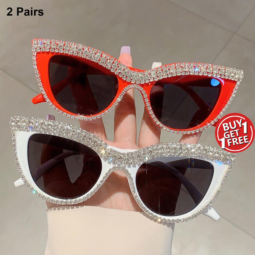 2 Pairs Vintage Cat Eye Sunglasses with Rhinestones Women Fashion Decor Shades Trendy Brand Design Sweet Outdoor Sun Glasses
