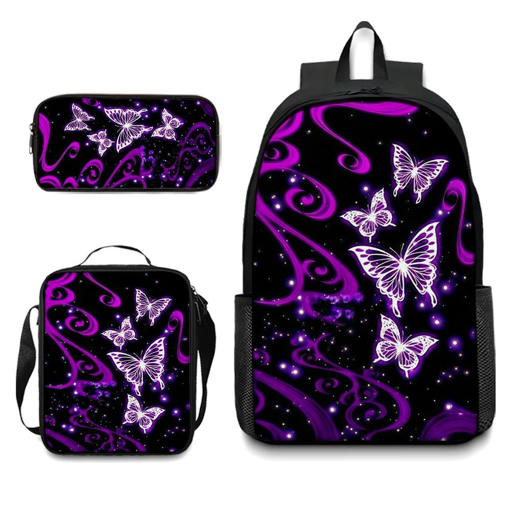 

Purple butterfly schoolbag, primary school children s three-piece backpack, meal bag, pencil case, fashionable and versatile, portable and cute. Pencil case