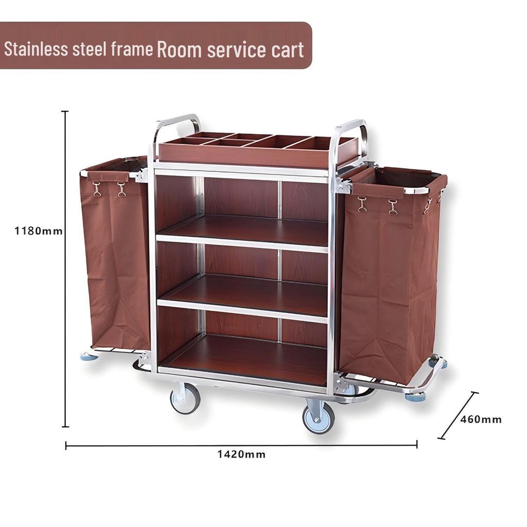 Hotel Linen & Room Service Cart – Stainless Steel Double-Sided Trolley for Cleaning & Sanitation.