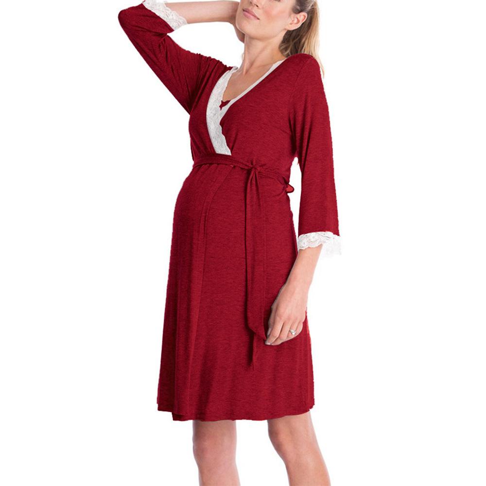 Women's V Neck Lace Trim 3/4 Sleeve Wrap Maternity Nursing Dress With Waist Tie
