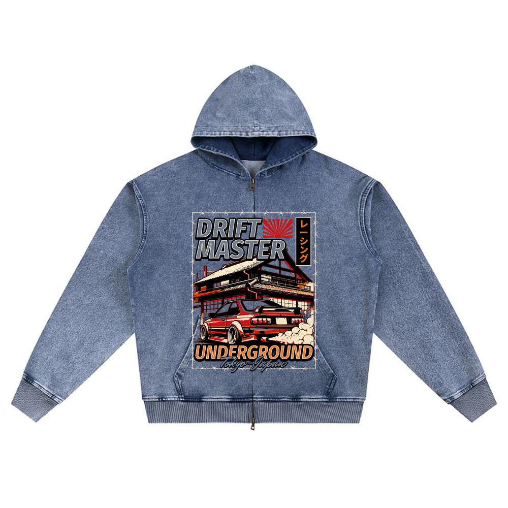 DTG Print Knitted Denim Zip-Up Hoodie Drift Master Brother Print Zipper Hoodies  