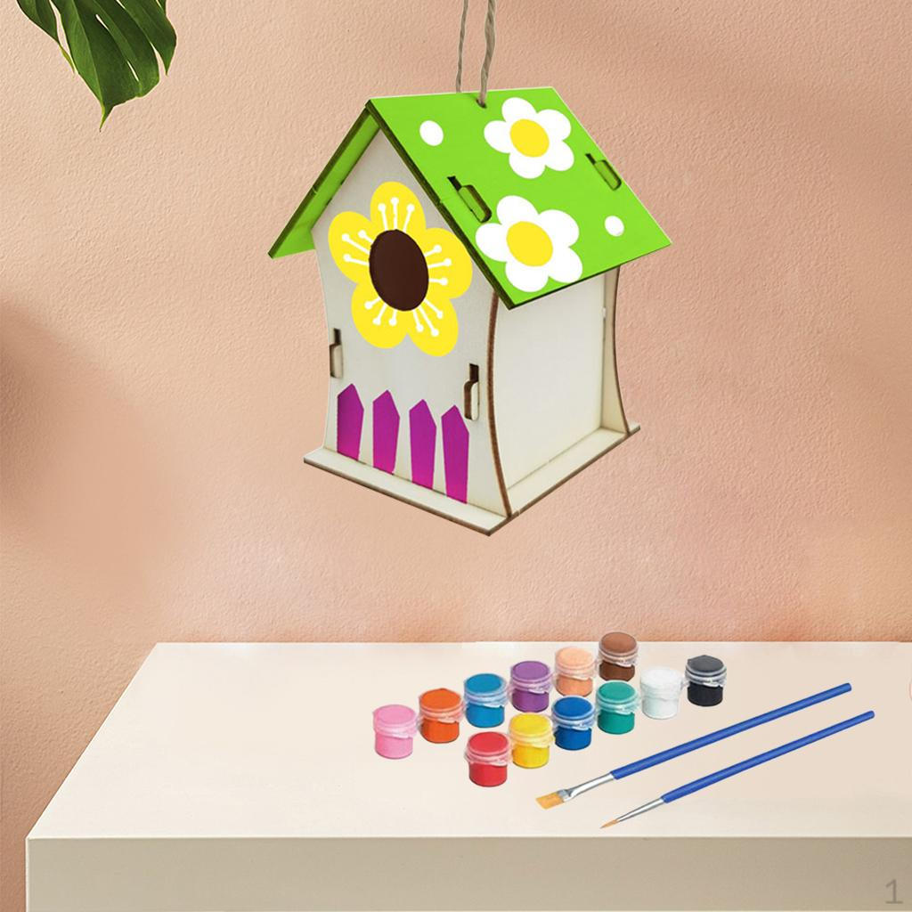 3D Painting Puzzle Bird House DIY Wooden Assembly Model Building S with 12 Color Pigments & Brush