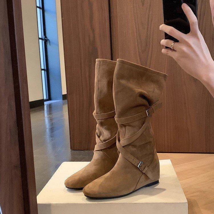 Height increase of 6cm~ 2025 autumn and winter new Korean knight boots round head buckle with soft folds and thin high boots for women