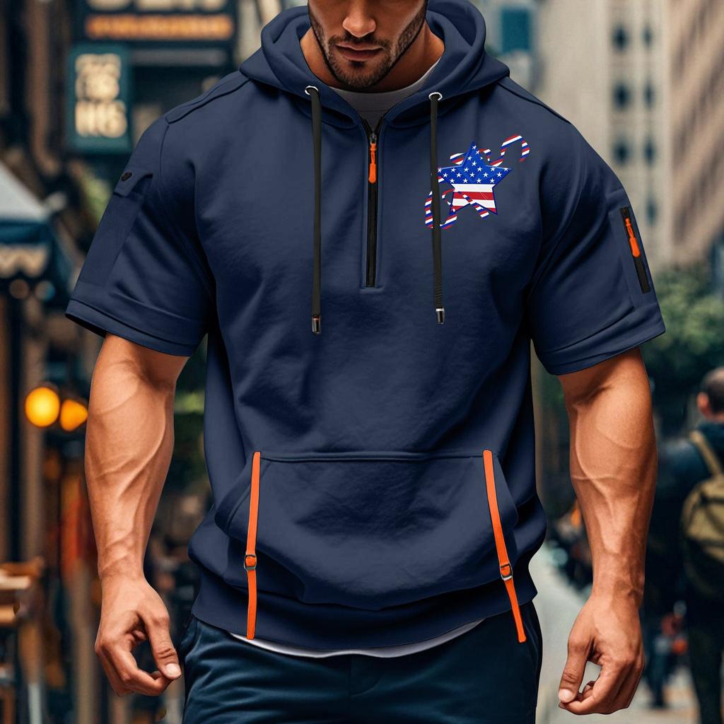 Men's Summer Shirt Print Zipper Pocket Short Sleeve Hooded Sweatshirt Men's Sports Large Size Casual Sweatshirt