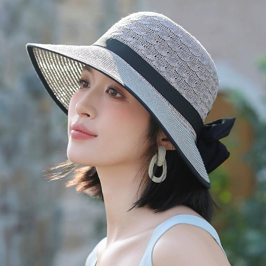 French Straw Bonnet Cap for Women Sun Visors Ribbon Bow Summer Bucket Hat Fedoras for Beach