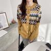 Women's Retro Jacquard Crew Neck Loose Knit Cardigan Spring Autumn Ethnic Style Sweater Coat Top