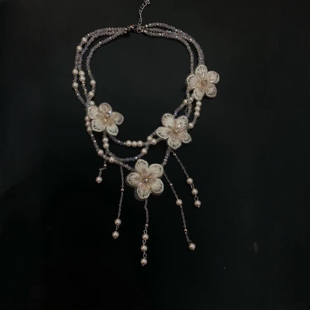 Multi-layered Imitation Crystal Beaded Necklace, White Flower Embellished Imitation Pearl Pendant, Fringed Collarbone Chain