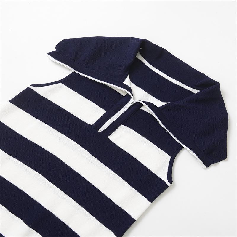 2026 New Women's European & American Style Striped Sleeveless Knit Lapel Dress