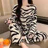 Thickened Warm Set for Women  Coral Velvet Student Long Sleeve Blue Striped Nightwear Homewear Cartoon Cute