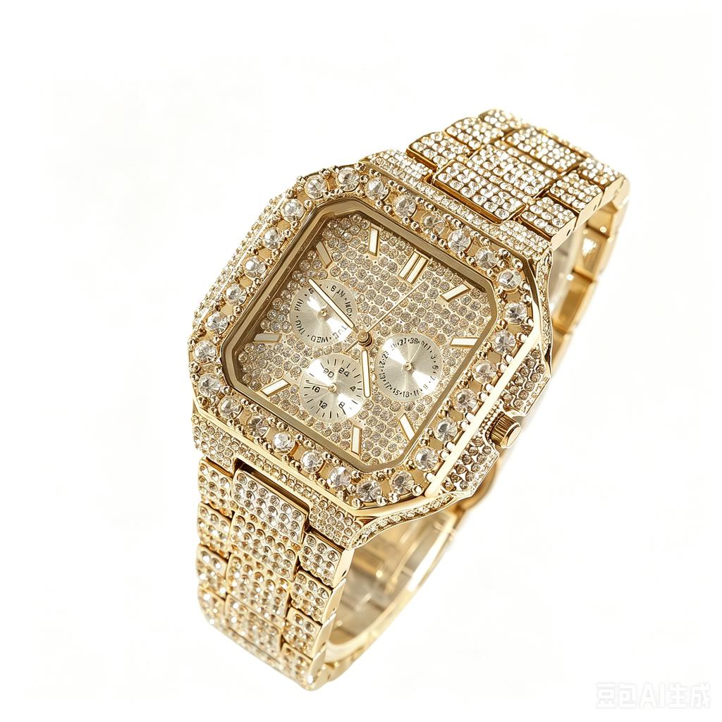 THE BLING KING Iced Out Green Emerald Crystal Square Men Quartz Watch Black Plated Multi Dial Calendar Week Luxury Wristwatch