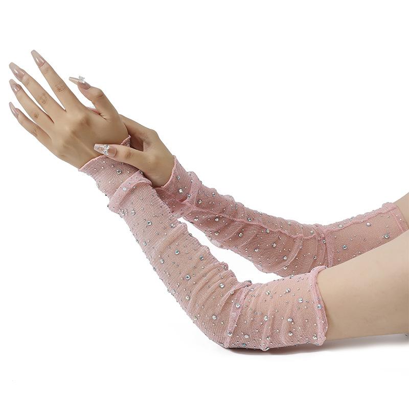 1 Paio di Maniche da Braccio in Pizzo con Strass Lucidi Guanti Lunghi Senza Dita Protezione Solare Rete Sottile Traspirante Polsino in Seta Glaciale per Guida per Donne