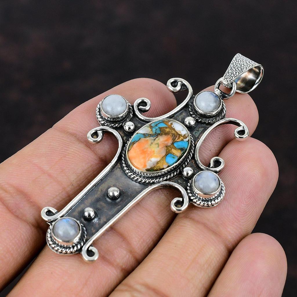Ciondolo in rame turchese con ostrica spinosa, ciondolo in pietra di luna arcobaleno, ciondolo in argento sterling 925, gioielli fatti a mano, ciondolo con pietra preziosa, ciondolo a croce
