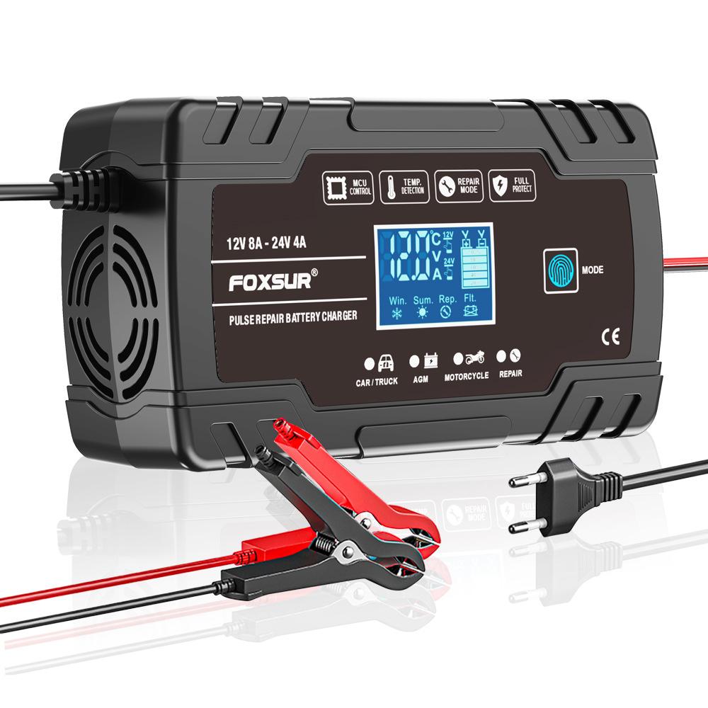 FOXSUR 12V 24V 8A Automatic Battery Charger Digital Display Pulse Repair LCD Display Smart Car Charger GEL Lead-Acid WET Battery Black EU Plug