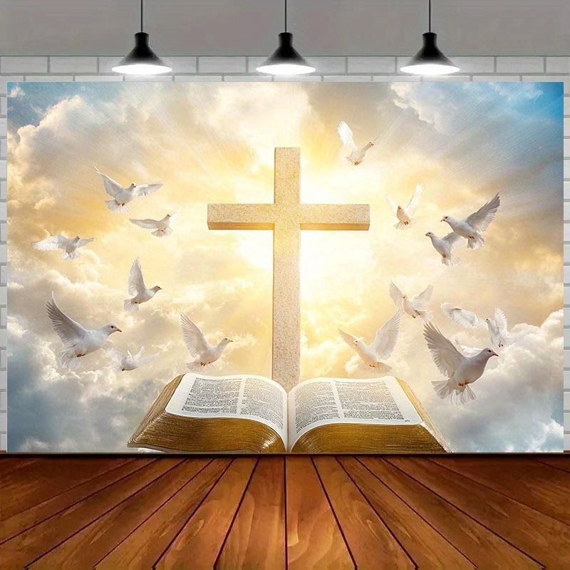 1Pcs2D Background Cloth for the Pentecost Festival Wall Cloth: Beautiful Cloud Background, Cross and Peace Dove Decorati