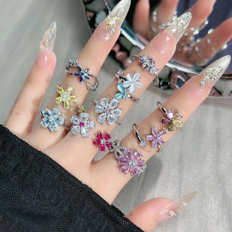 Colorful Zircon Flowers Exquisite Binning Flowers Small Building Sweet Opening Ring Women's Hot Sale High-end Light Luxury Versatile Ring