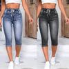 Damen Mode Denim Jeans Shorts Kordelzug Hohe Taille Stretch Knielang Rissiges Loch Lässig Kurze Jeanshosen GZW