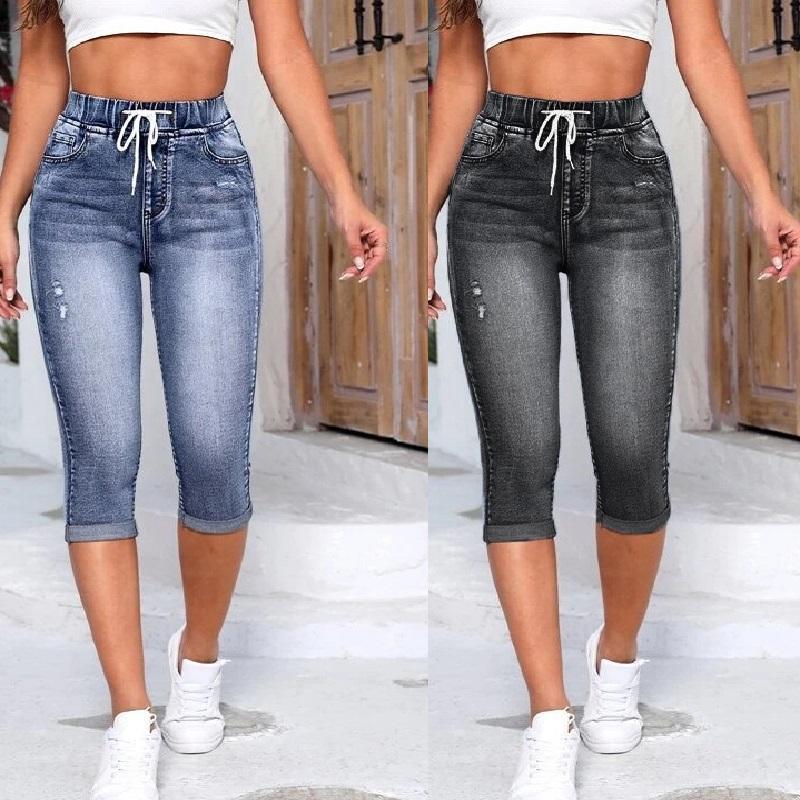 Damen Mode Denim Jeans Shorts Kordelzug Hohe Taille Stretch Knielang Zerrissenes Loch Lässig Kurze Jeanshosen