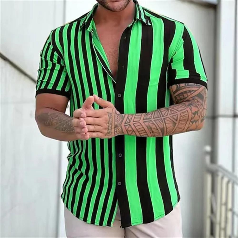 New Men's Striped Print Shirt, Casual Short Sleeve Turn-down Collar Summer Tops