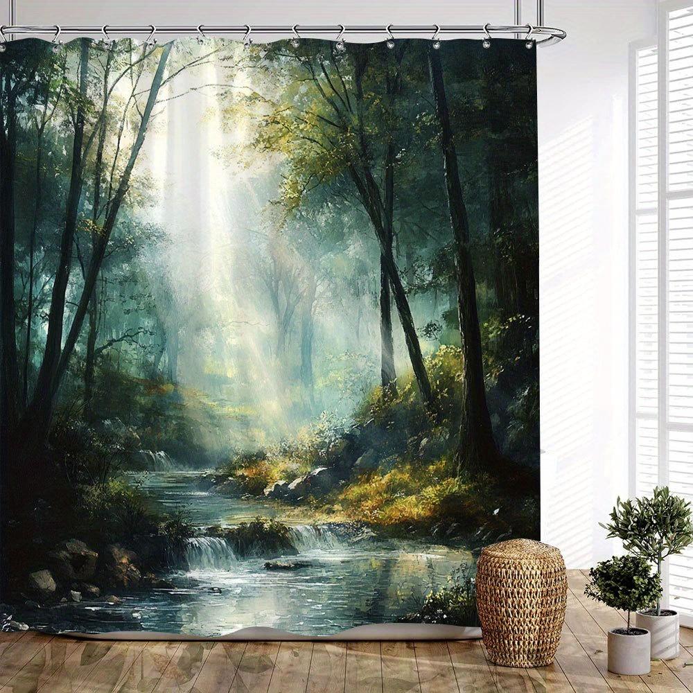1Pc Enchanted Forest Bath Curtain - Sunlit Stream & Golden Waterfall With Mossy Rocks, 70.86X70.86 Inches, 12 Hooks Included,