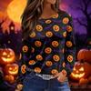 Women's Long Sleeve Neck Top with Halloween Print and Side Slit Hem for Party Casual Wear